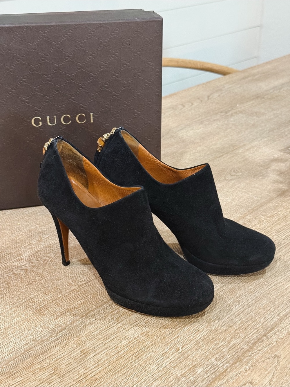 Gucci Betty Black Suede Bamboo Tassel Platform Booties 39 - with Box